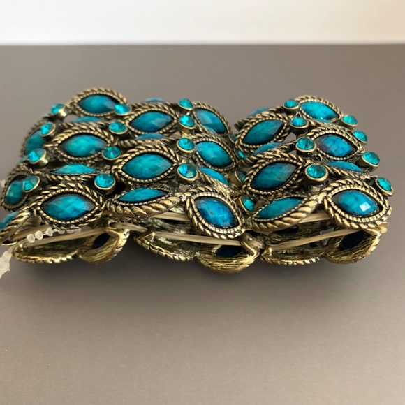 Peacock turquoise blue gold tone filigree vintage/boho stretch cuff bracelet - Picture 7 of 12